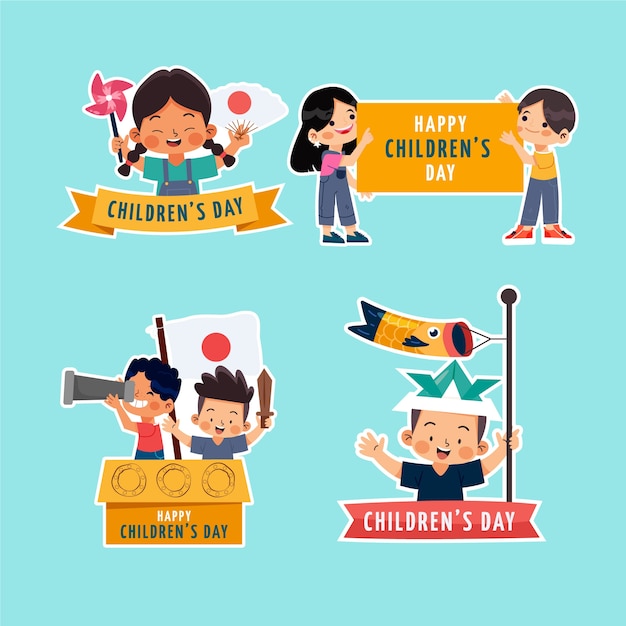 Free vector flat childrens day labels collection