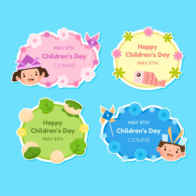 Flat childrens day labels collection