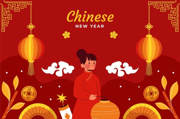 Бесплатное векторное изображение Плоский китайский новый год фон