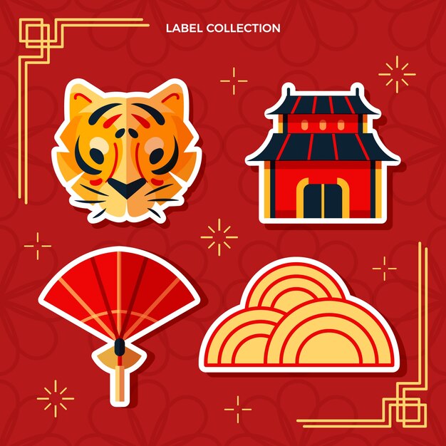 Плоская коллекция значков китайского нового года
