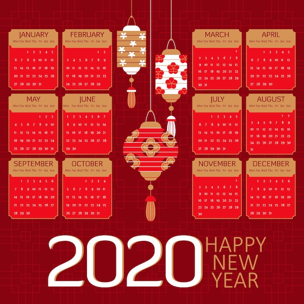 Free vector flat chinese new year calendar and red paper lanterns