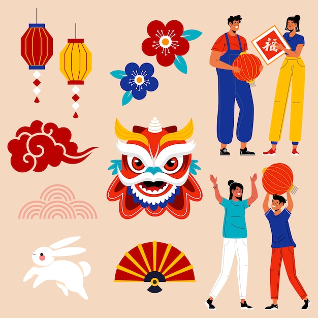 Free vector flat chinese new year celebration elements collection