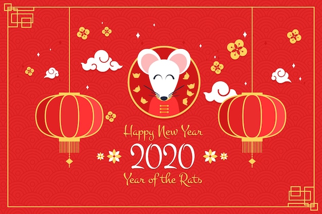 Flat chinese new year and cute mouse with lanterns