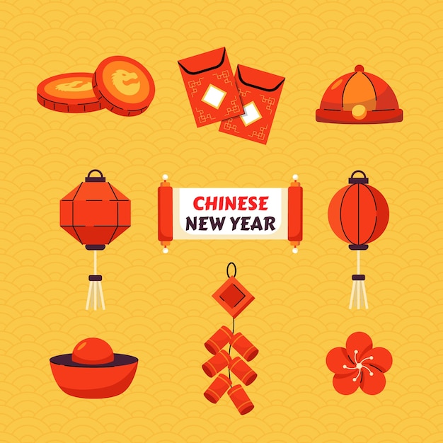 Collezione di elementi piatti per il capodanno cinese