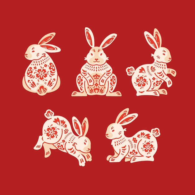 平らな中国の新年祭のお祝いの要素のコレクション