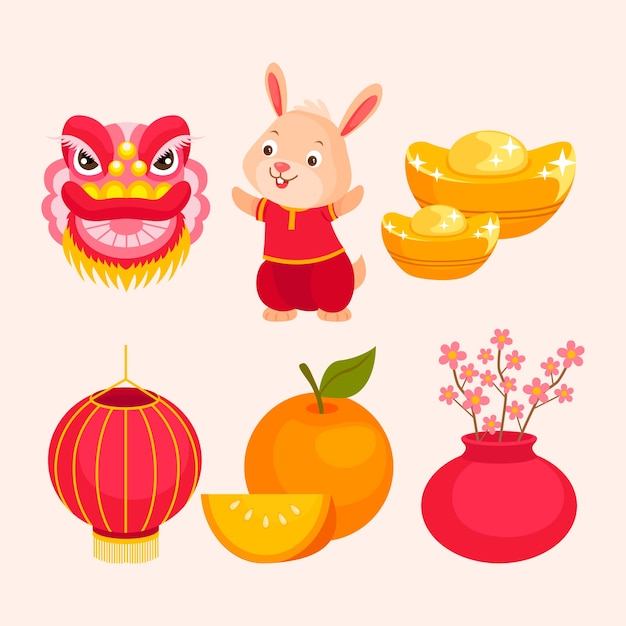 플랫 구정 축제 축하 요소 컬렉션