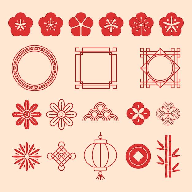 Flat chinese new year festival celebration ornaments collection
