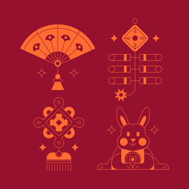 Flat chinese new year festival celebration ornaments collection