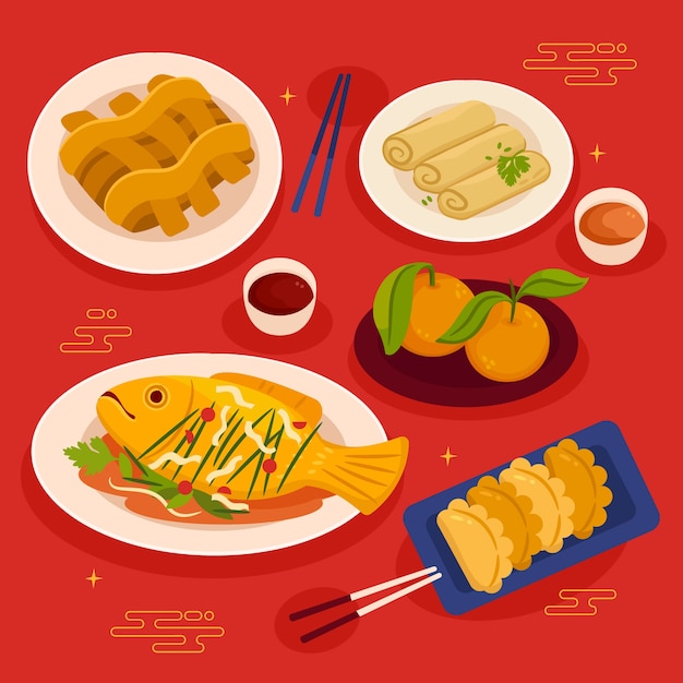 Free vector flat chinese new year food collection