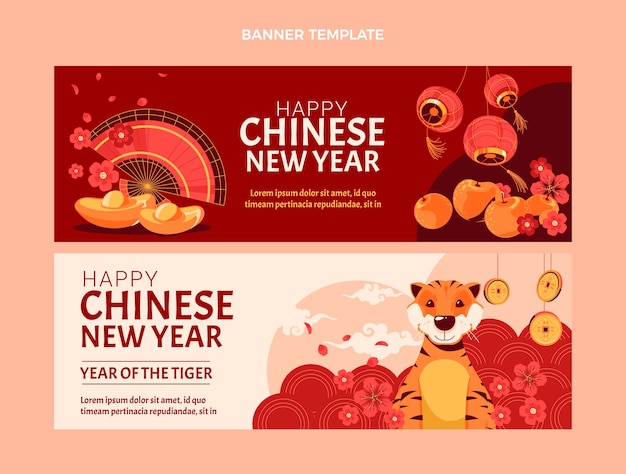Flat chinese new year horizontal banners set Premium Vector