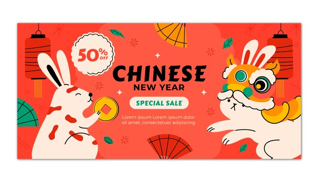 Flat chinese new year horizontal sale banner template