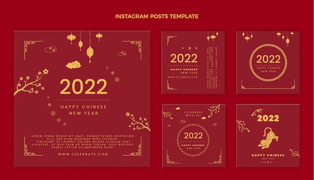 Flat chinese new year instagram posts collection Free Vector