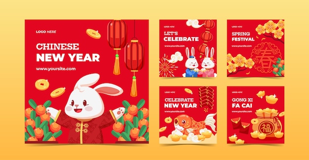 Flat chinese new year instagram posts collection