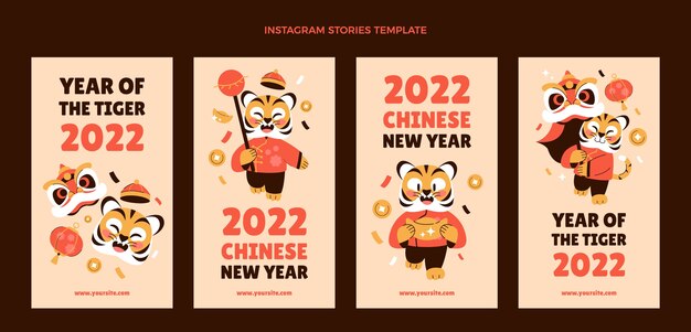 Flat chinese new year instagram stories collection Premium Vector