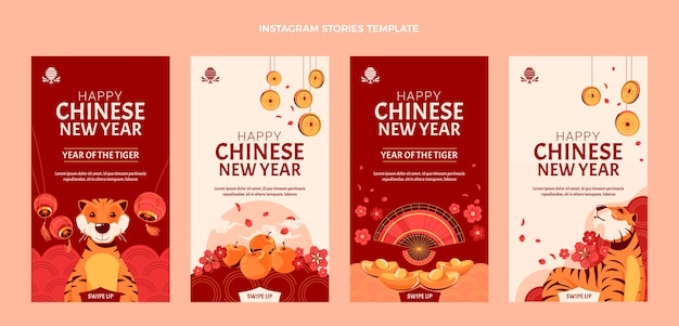 Flat chinese new year instagram stories collection Free Vector