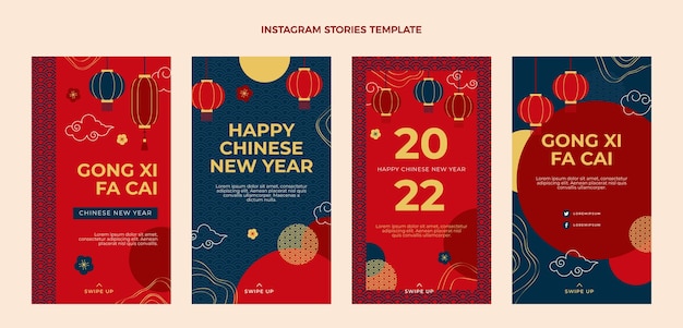 Vettore gratuito raccolta di storie di instagram di capodanno cinese piatto