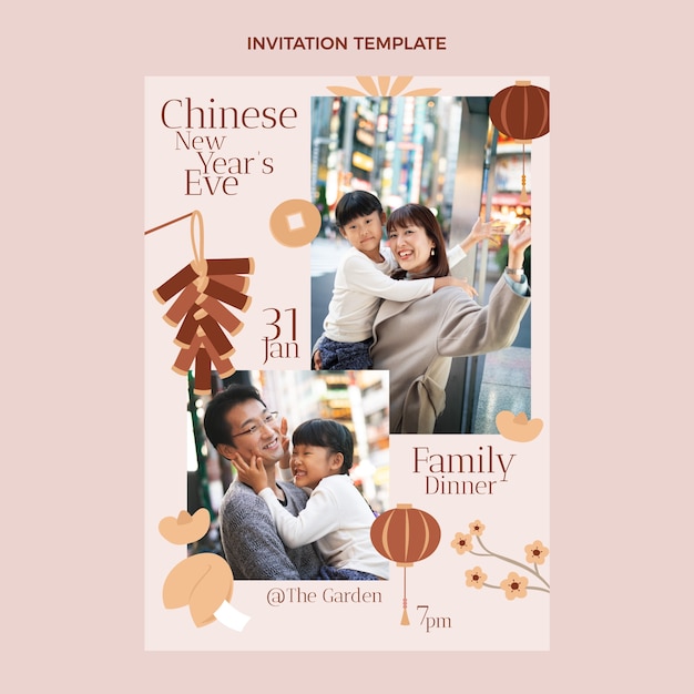 Flat chinese new year invitation template