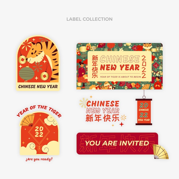 Flat chinese new year labels collection Free Vector
