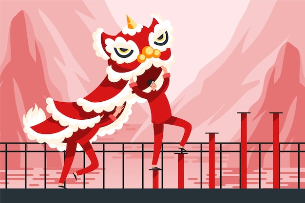 Flat chinese new year lion dance illustration