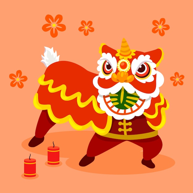 Flat chinese new year lion dance illustration