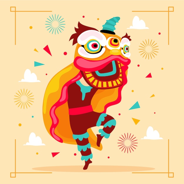 Плоский китайский новый год танец льва иллюстрация