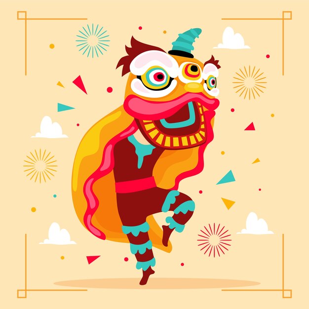 Flat chinese new year lion dance illustration