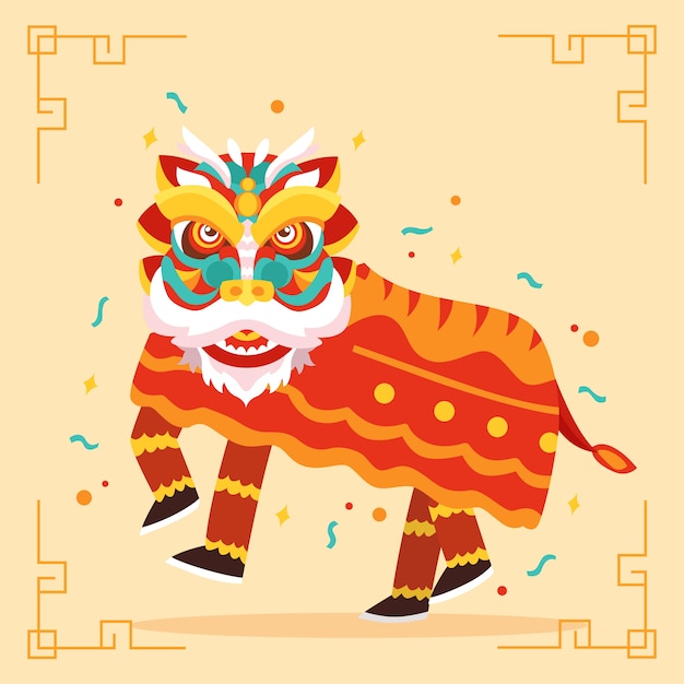 Flat chinese new year lion dance illustration