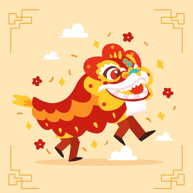 무료 벡터 평면 중국 새 해 사자 춤 그림