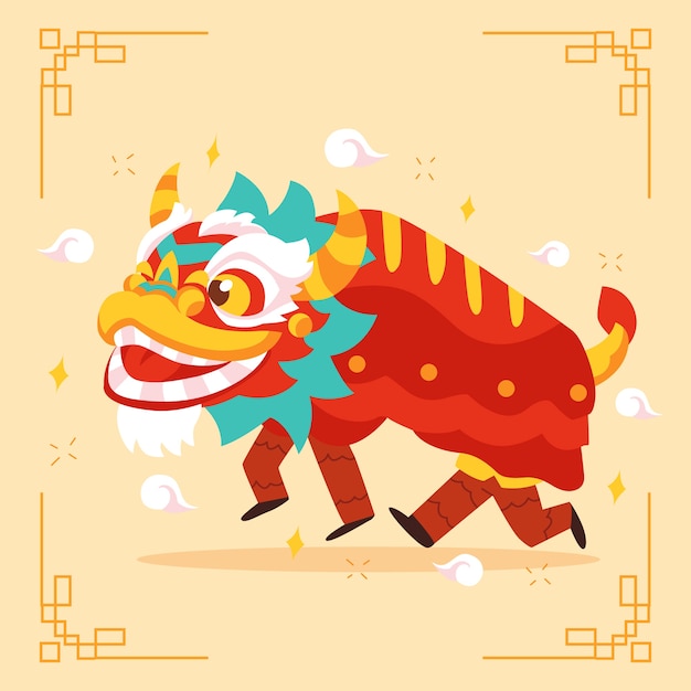 Flat chinese new year lion dance illustration