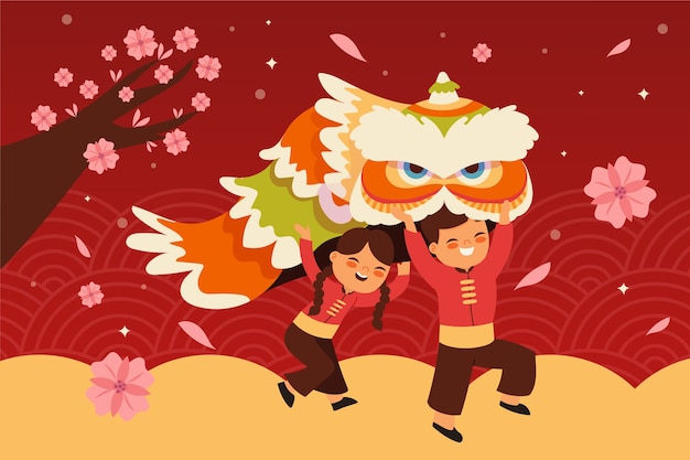 Free vector flat chinese new year lion dance illustration