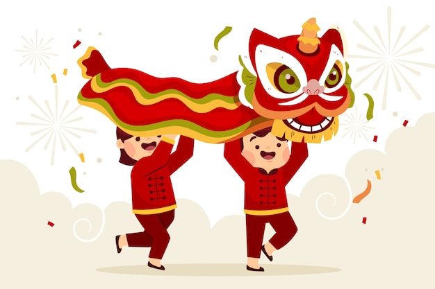 Flat chinese new year lion dance illustration Free Vector