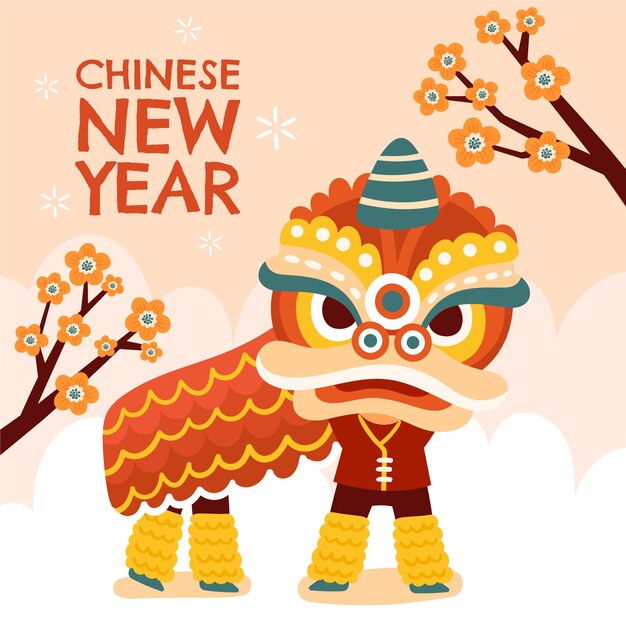 Flat chinese new year lion dance illustration