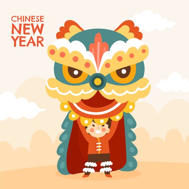 flat chinese new year lion dance illustration