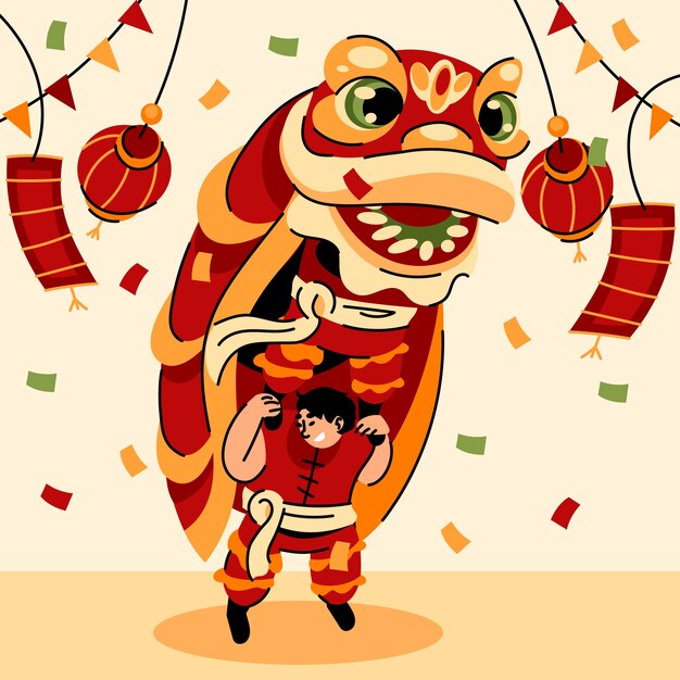 フラット中国の旧正月獅子舞のイラスト