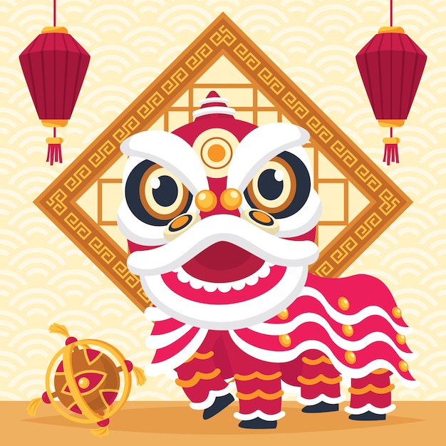 Бесплатное векторное изображение Плоский китайский новый год танец льва иллюстрация