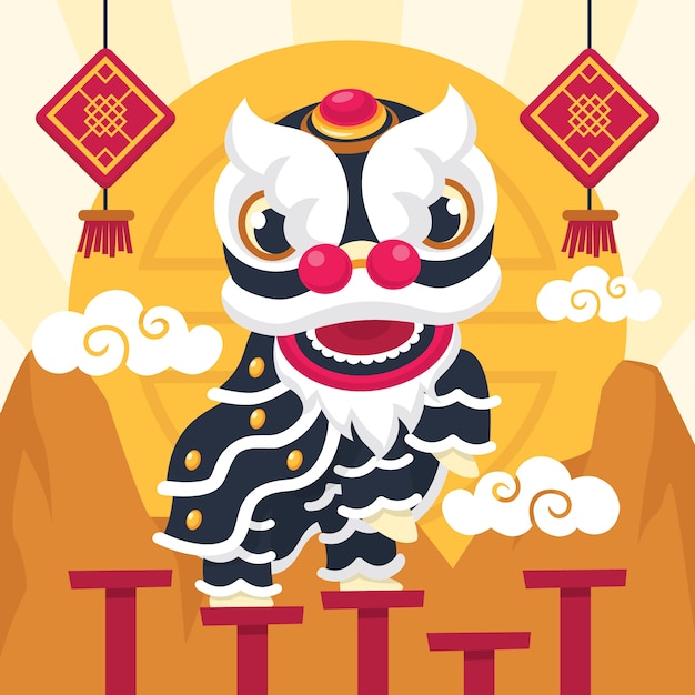 Flat chinese new year lion dance illustration