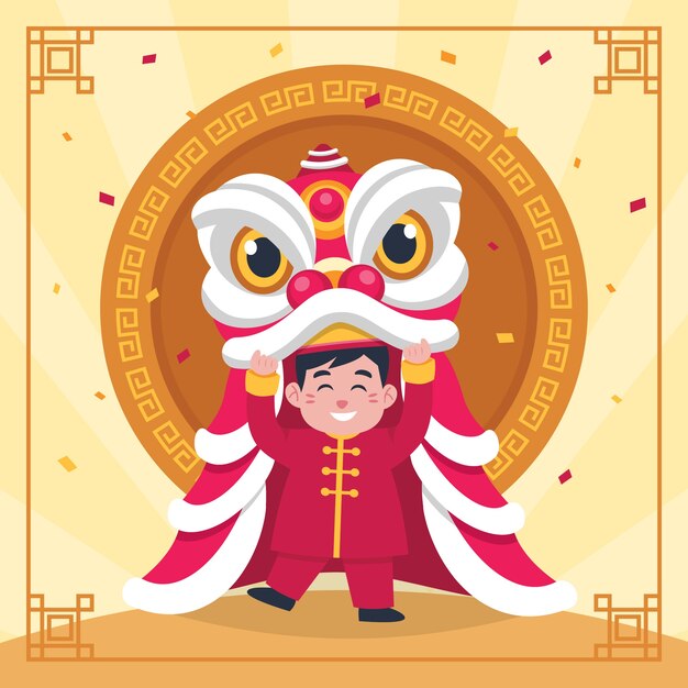 flat chinese new year lion dance illustration