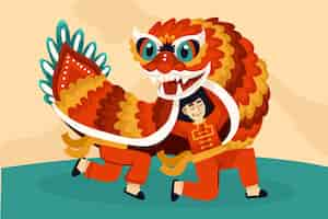 Free vector flat chinese new year lion dance illustration