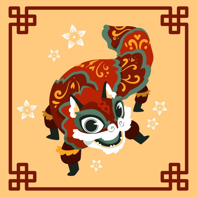 Flat chinese new year lion dance illustration