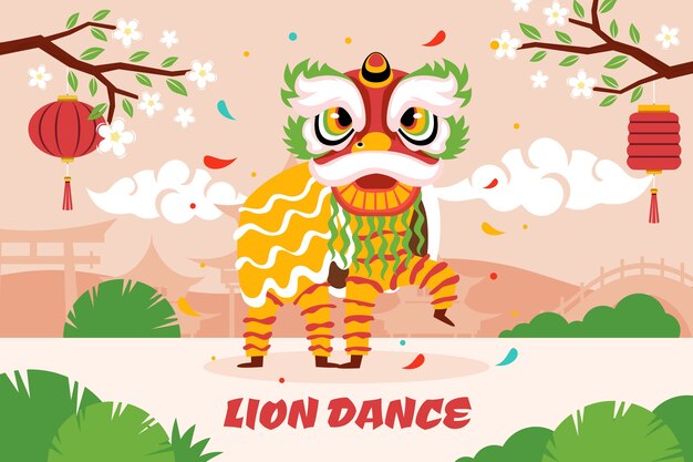 Flat chinese new year lion dance illustration