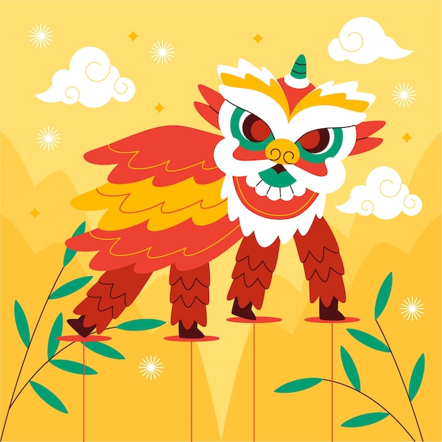 Flat chinese new year lion dance illustration