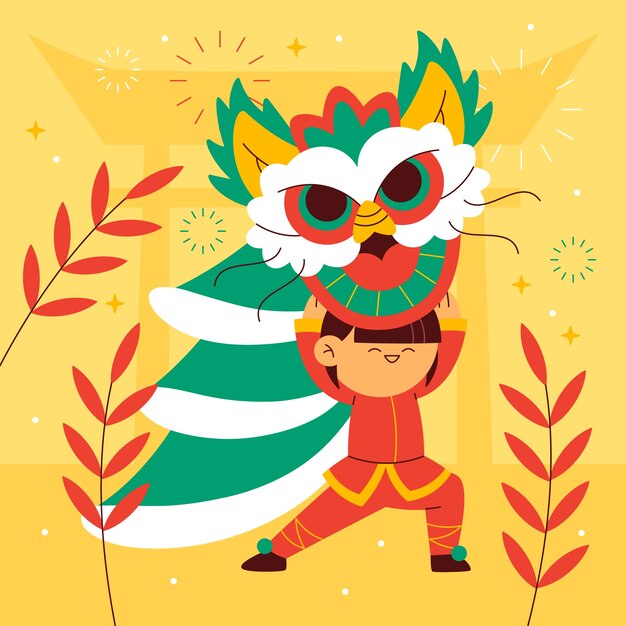 Flat chinese new year lion dance illustration