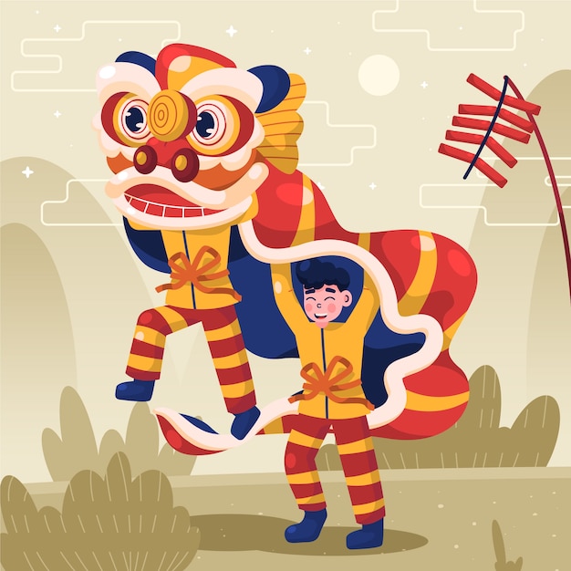 Free vector flat chinese new year lion dance illustration