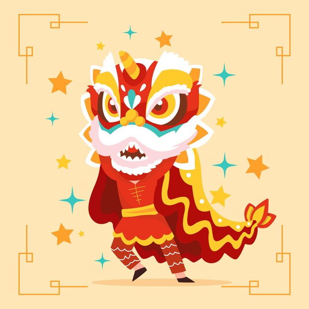 Flat chinese new year lion dance illustration