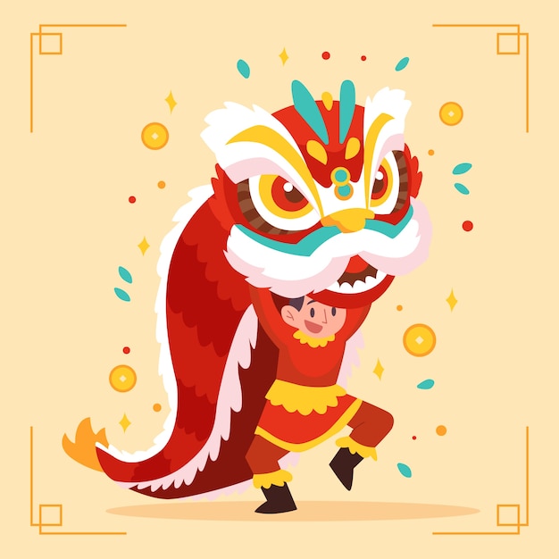 Flat chinese new year lion dance illustration