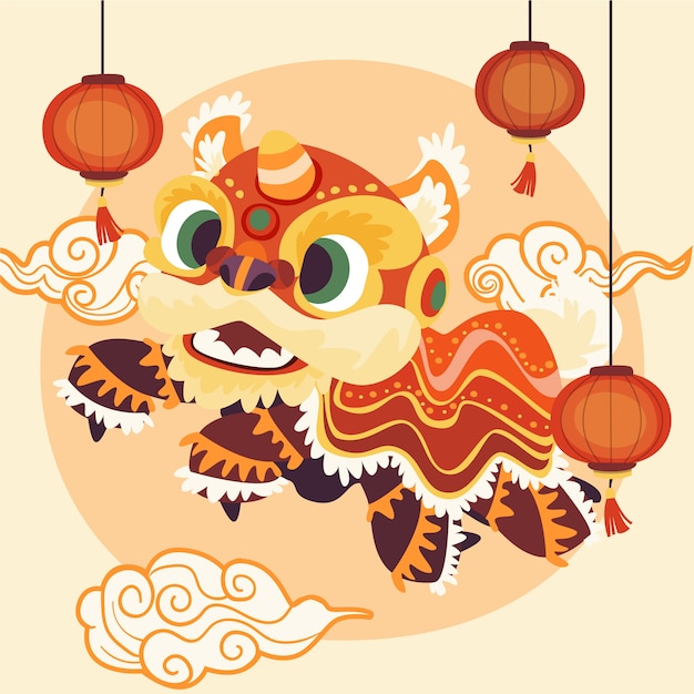 Free vector flat chinese new year lion dance illustration