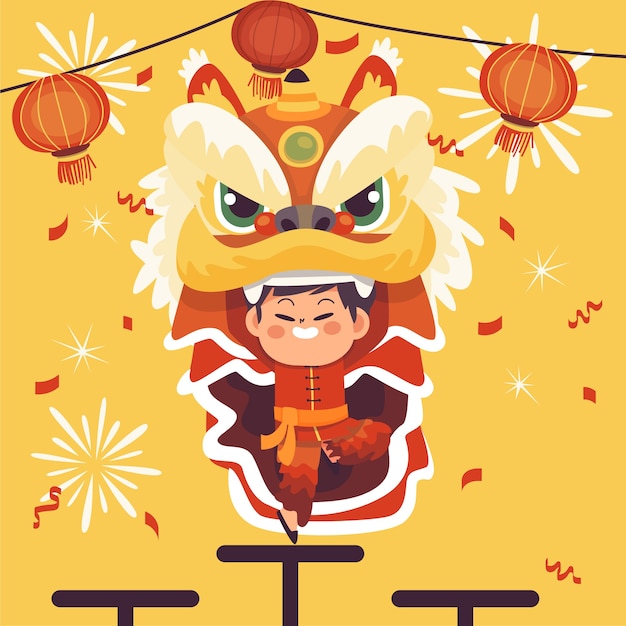 Free vector flat chinese new year lion dance illustration