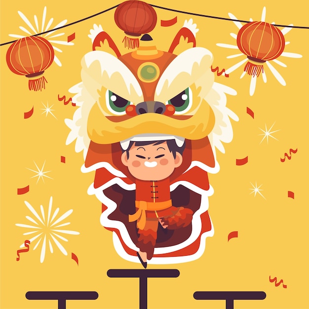 Flat chinese new year lion dance illustration Free Vector