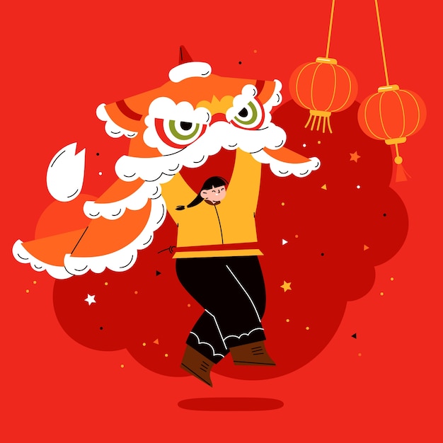 평면 중국 새 해 사자 춤 그림