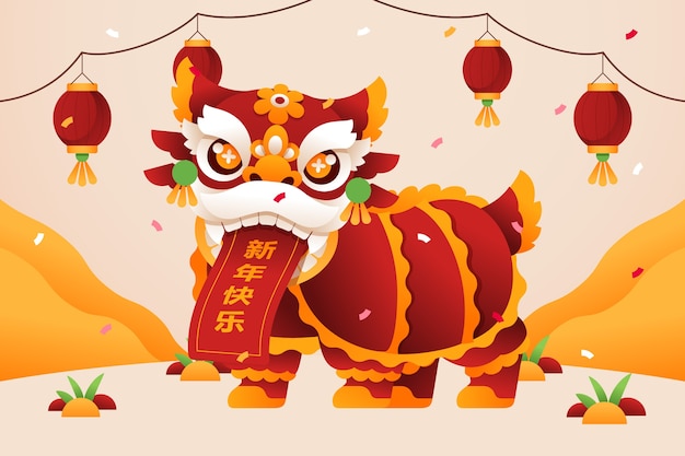 Free vector flat chinese new year lion dance illustration